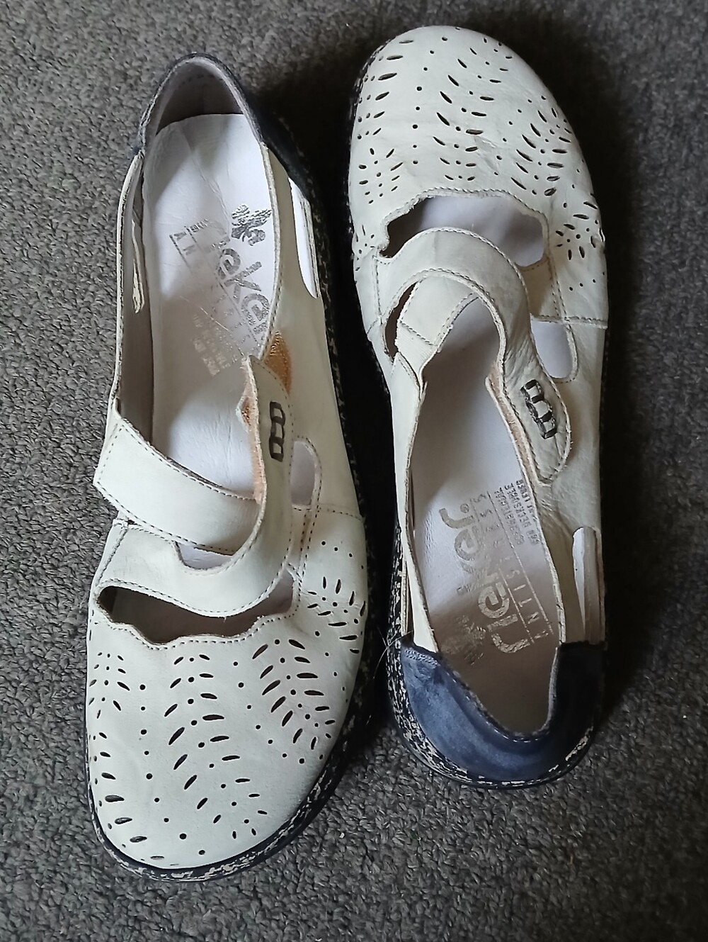 Rieker Women's Cream Perforated Mary Jane Flats with Navy Accent Size 39